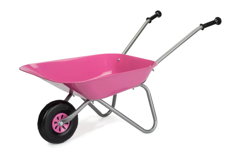 Rolly pink metal wheelbarrow with black handles and frame for kids, Ireland