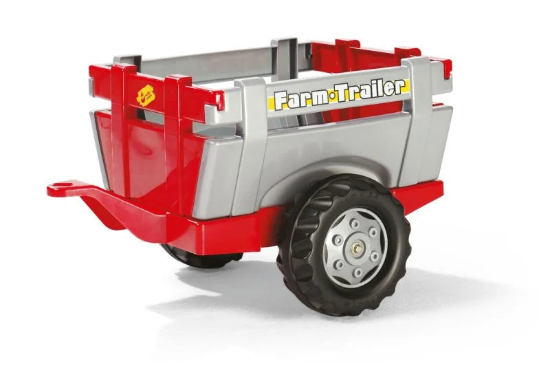 Red and grey Rolly farm trailer with single axle and open top shown on a clean white background
