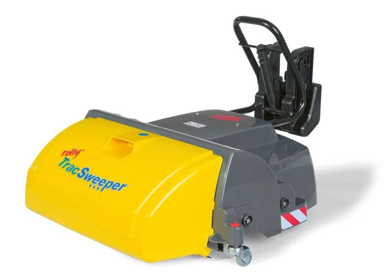 Rolly Trac Sweeper attachment with yellow cover, grey body, and black handle on a white background