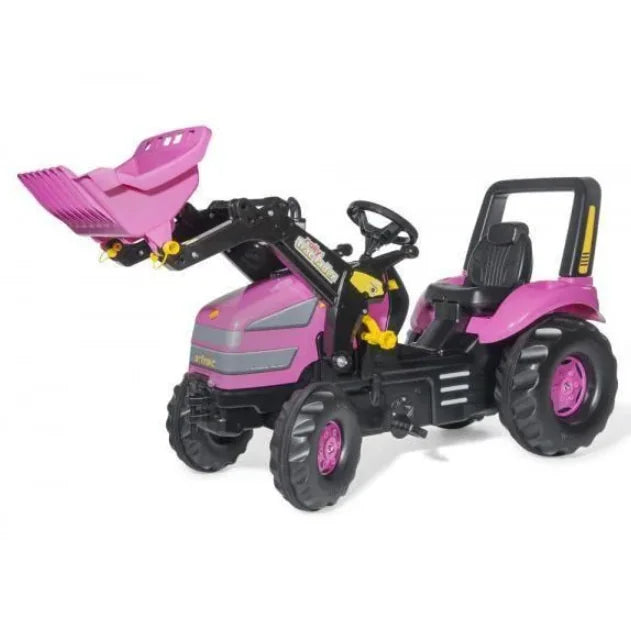 Side view of Rolly X Trac pink pedal tractor showing seat, wheels and loader arm – Ireland