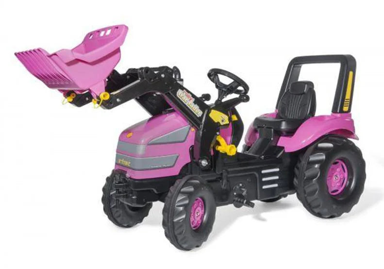 Close-up front loader and bucket raised on Rolly X Trac pink pedal tractor – Ireland