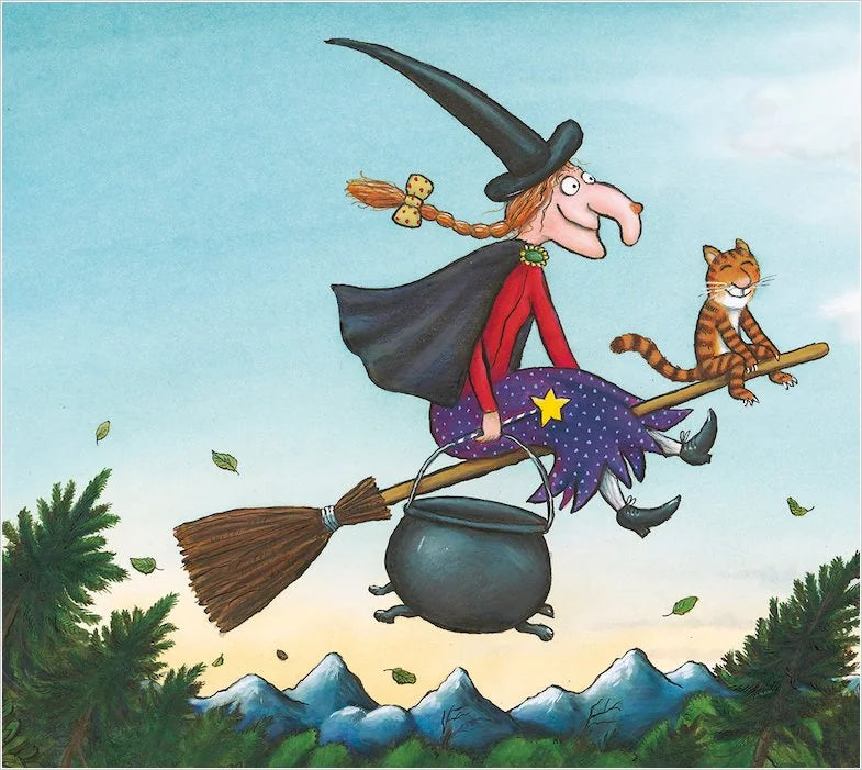 The witch and her cat soaring through the sky from Room on the Broom storybook in Ireland