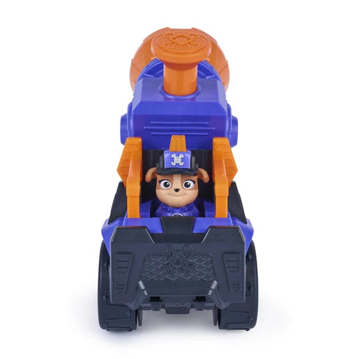 Mix seated behind the grey front bucket of the purple and orange Mega Blaster Vehicle with the launcher raised above the cab