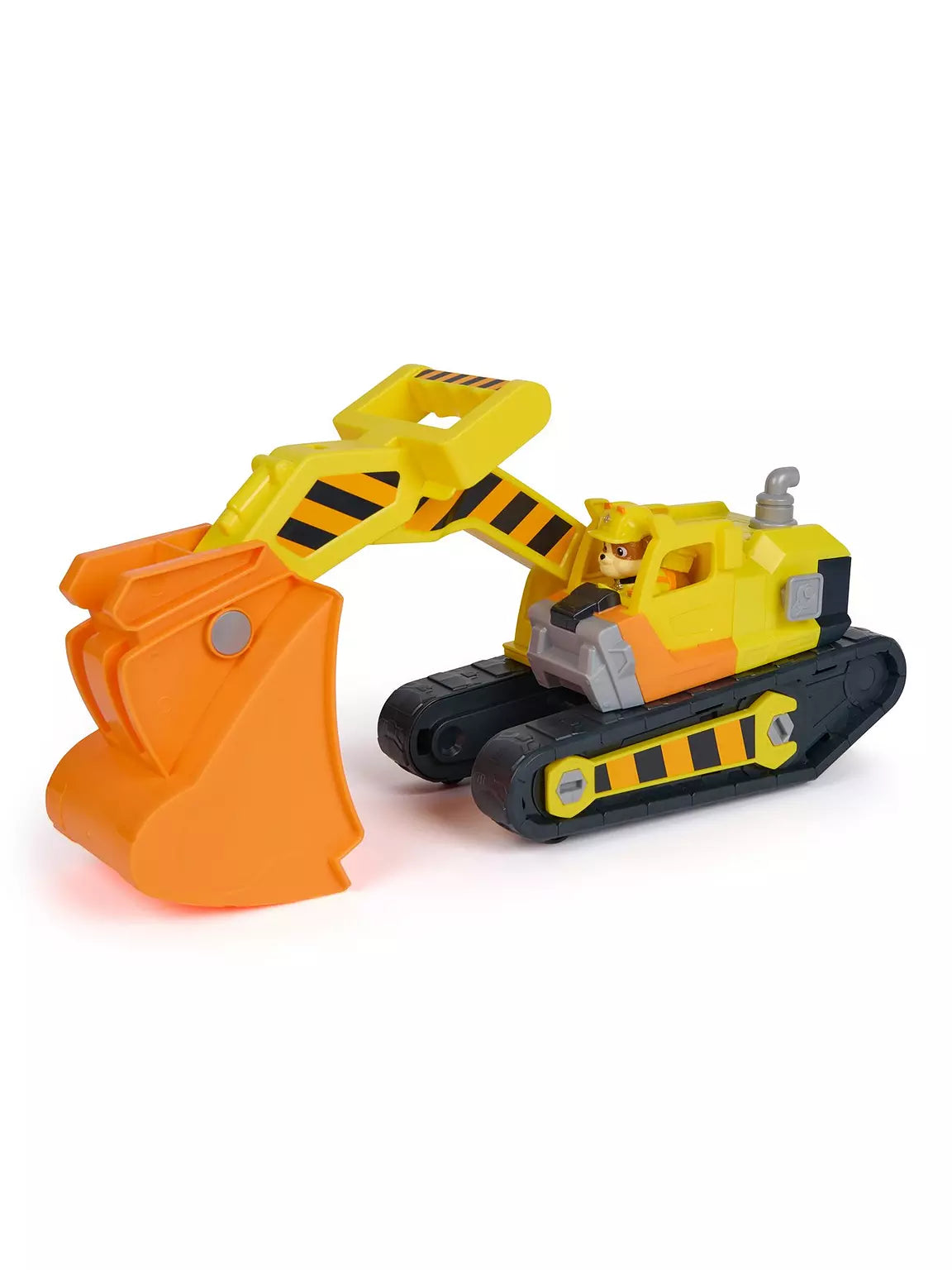 Rubble & Crew Rubble’s Deluxe Tools Vehicle shown from the side with orange front scoop