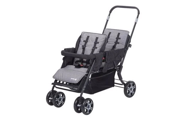 Safety 1st Teamy black tandem stroller front angle view with two grey seats and harnesses