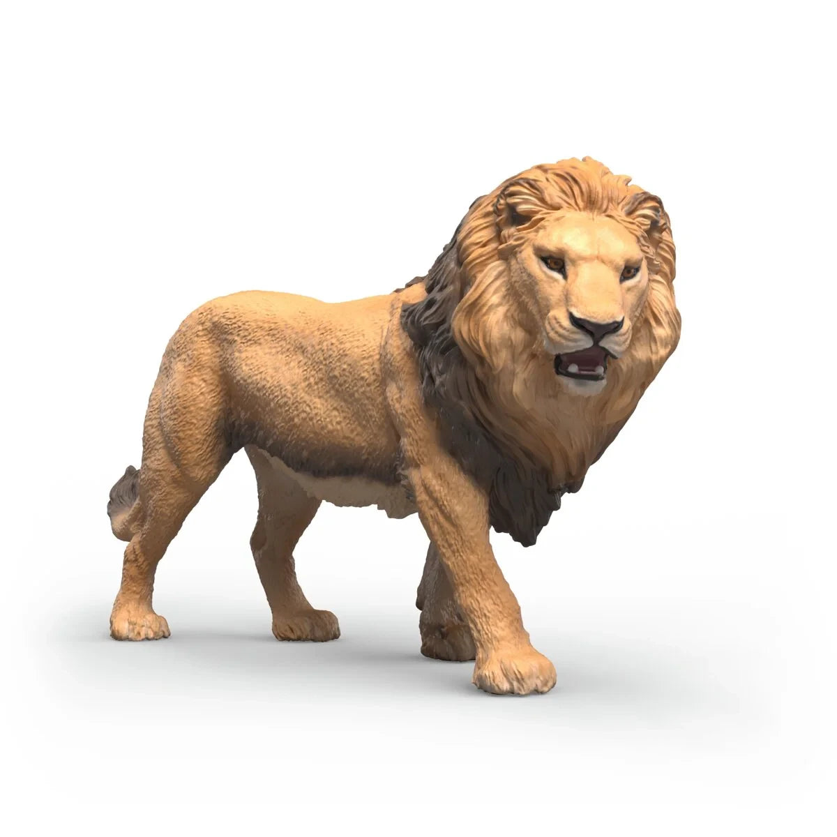 Schleich African Lion figure shown from the front angle with open mouth and dark mane