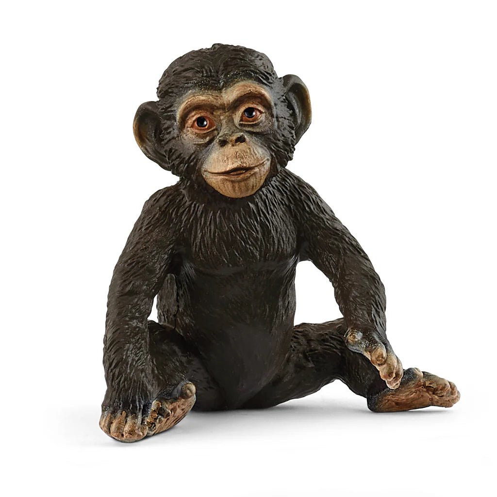 Seated Schleich Baby Chimpanzee figure shown from the front with raised arms