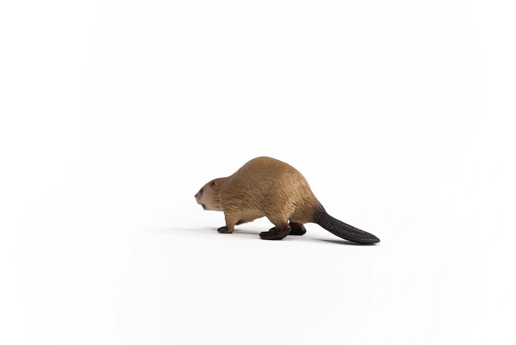 Schleich Beaver figure shown from the left side with brown fur and a long flat dark tail extending behind it