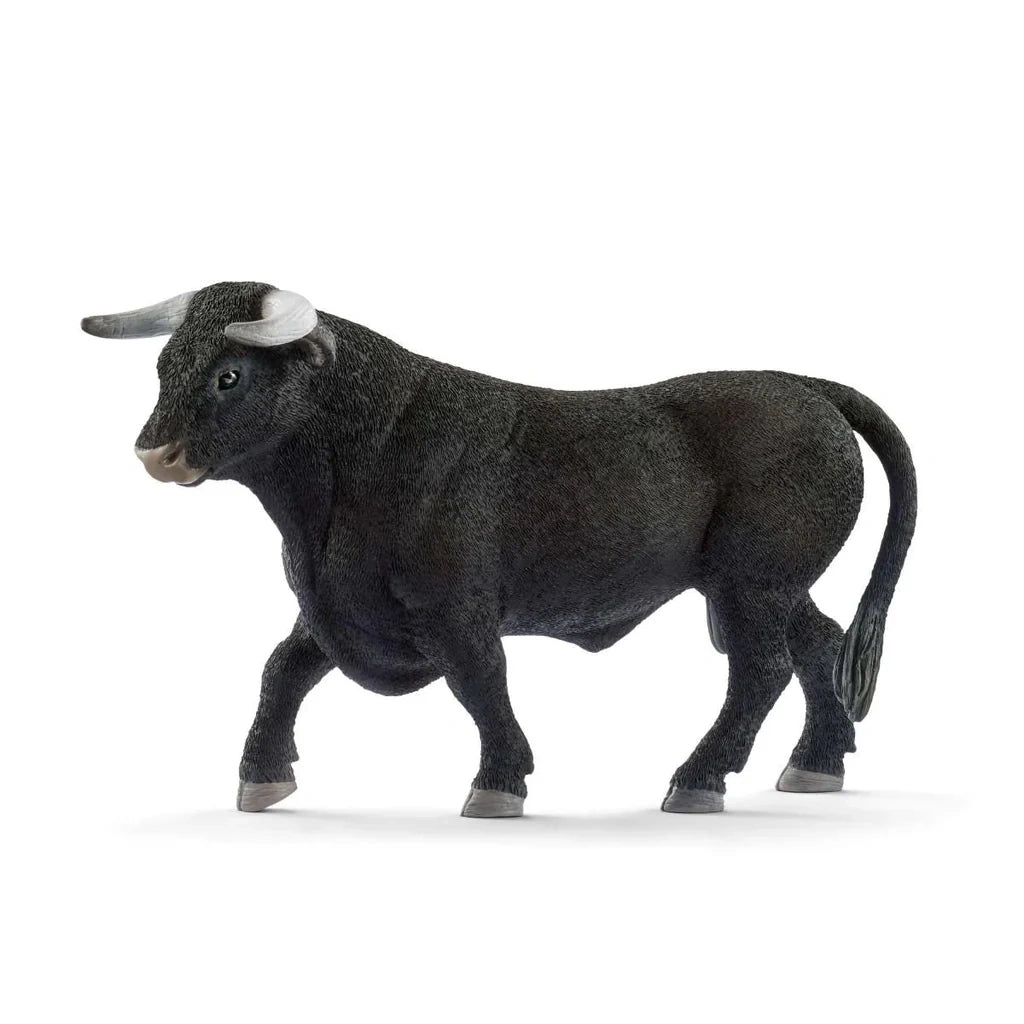 Schleich Black Bull figure shown from the side with curved grey horns and a textured black body
