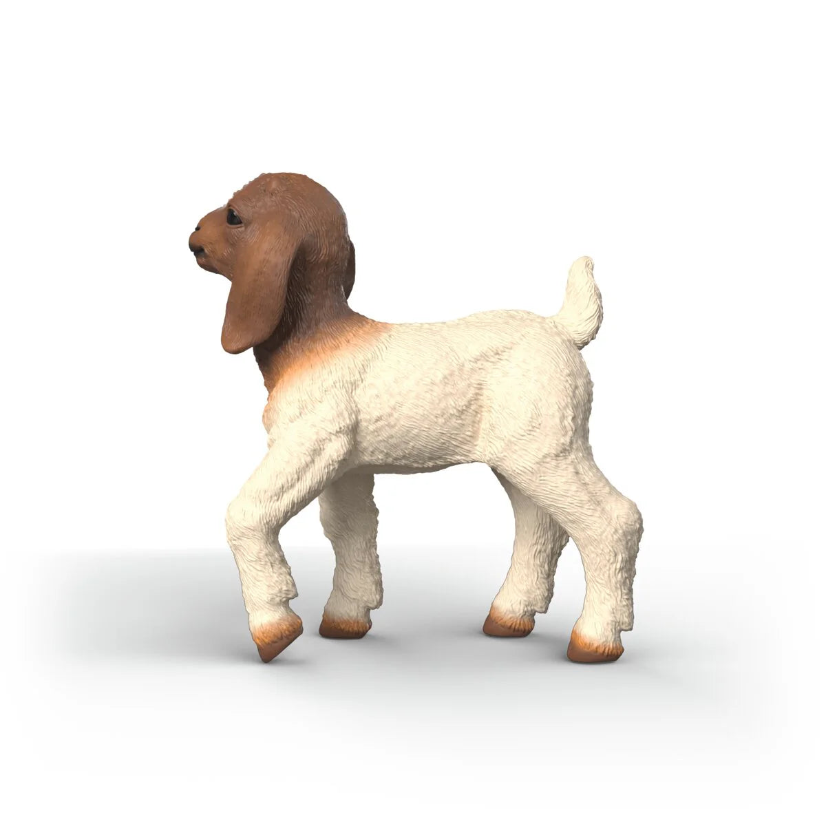 Schleich Boer Goat Kid figure shown from the left side with white body and brown head