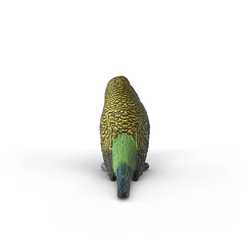 Schleich Budgie 14939 rear view showing the patterned back, folded wings and long green tail