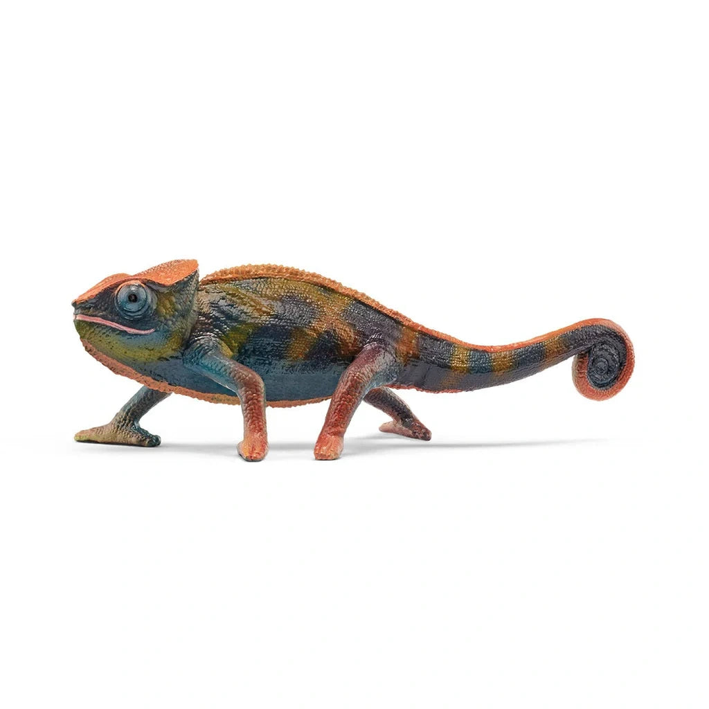 Schleich Chameleon figure shown from the side with orange, blue and dark green colouring, clawed feet and a tightly curled tail