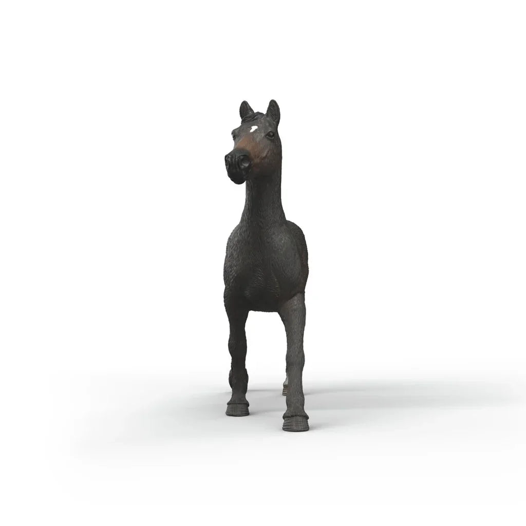 Schleich English Thoroughbred Mare figure shown from the front with dark coat and raised head