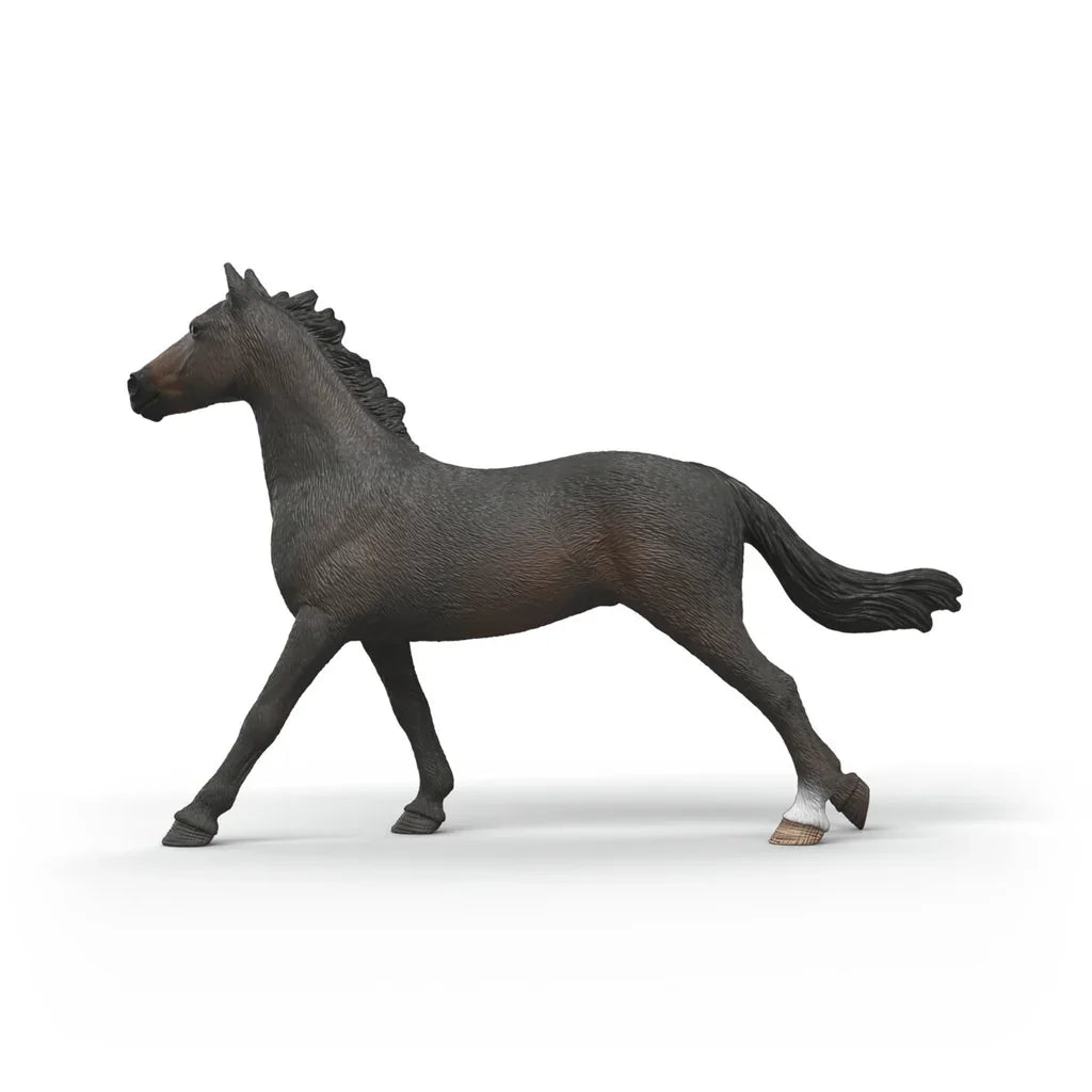 Schleich English Thoroughbred Mare figure shown from the left side with dark coat and flowing tail