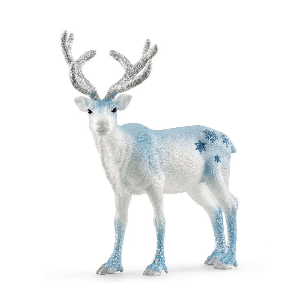 Schleich Frosty Christmas Reindeer figure with silver glitter antlers, pale blue legs and blue snowflake markings.