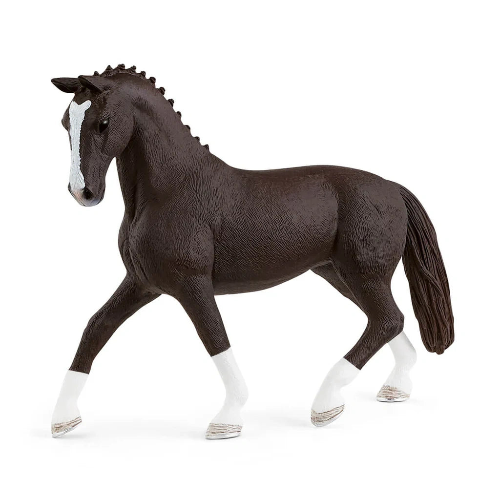 Schleich Hanoverian Mare Black figure shown from the side with dark coat and white leg markings