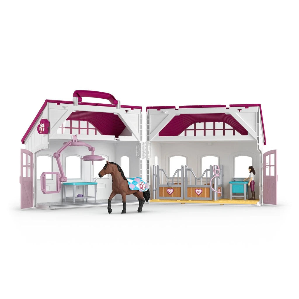 Schleich Happy Horse Hospital 42787 fully opened interior showing the treatment area, stable, stallion, Mrs Kramer and veterinary equipment