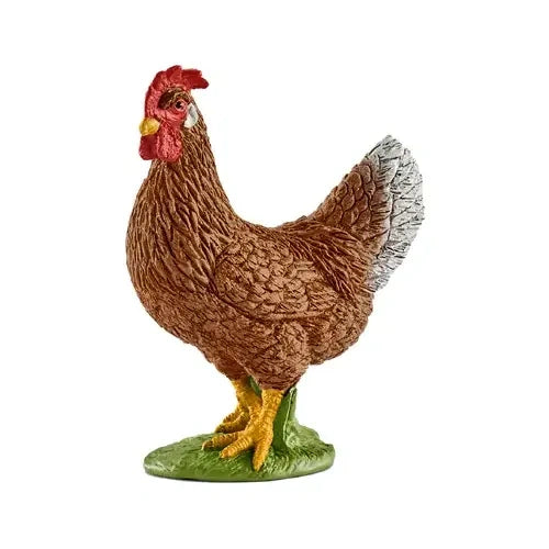 Schleich Hen figure with yellow feet standing on a textured green base