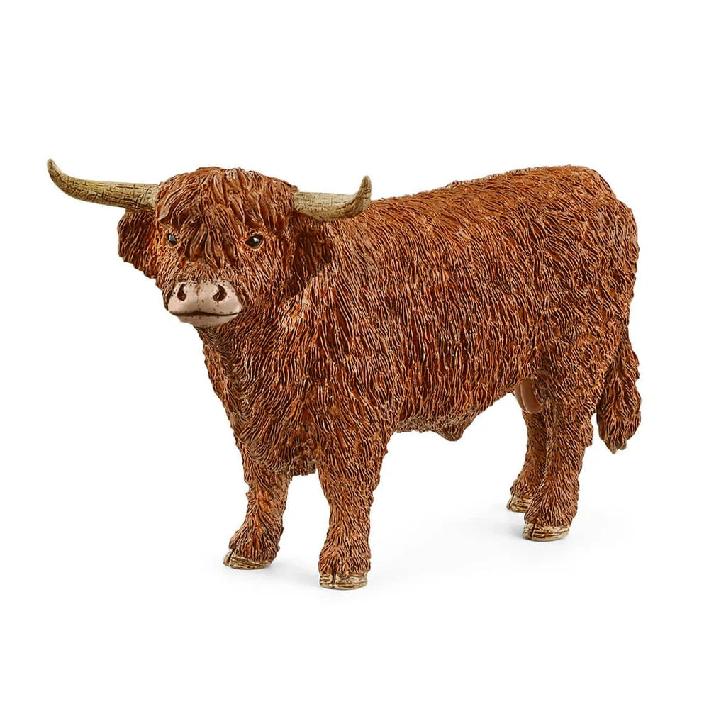 Schleich Highland Bull figure with wide forward-curving horns, a shaggy fringe and four visible hooves