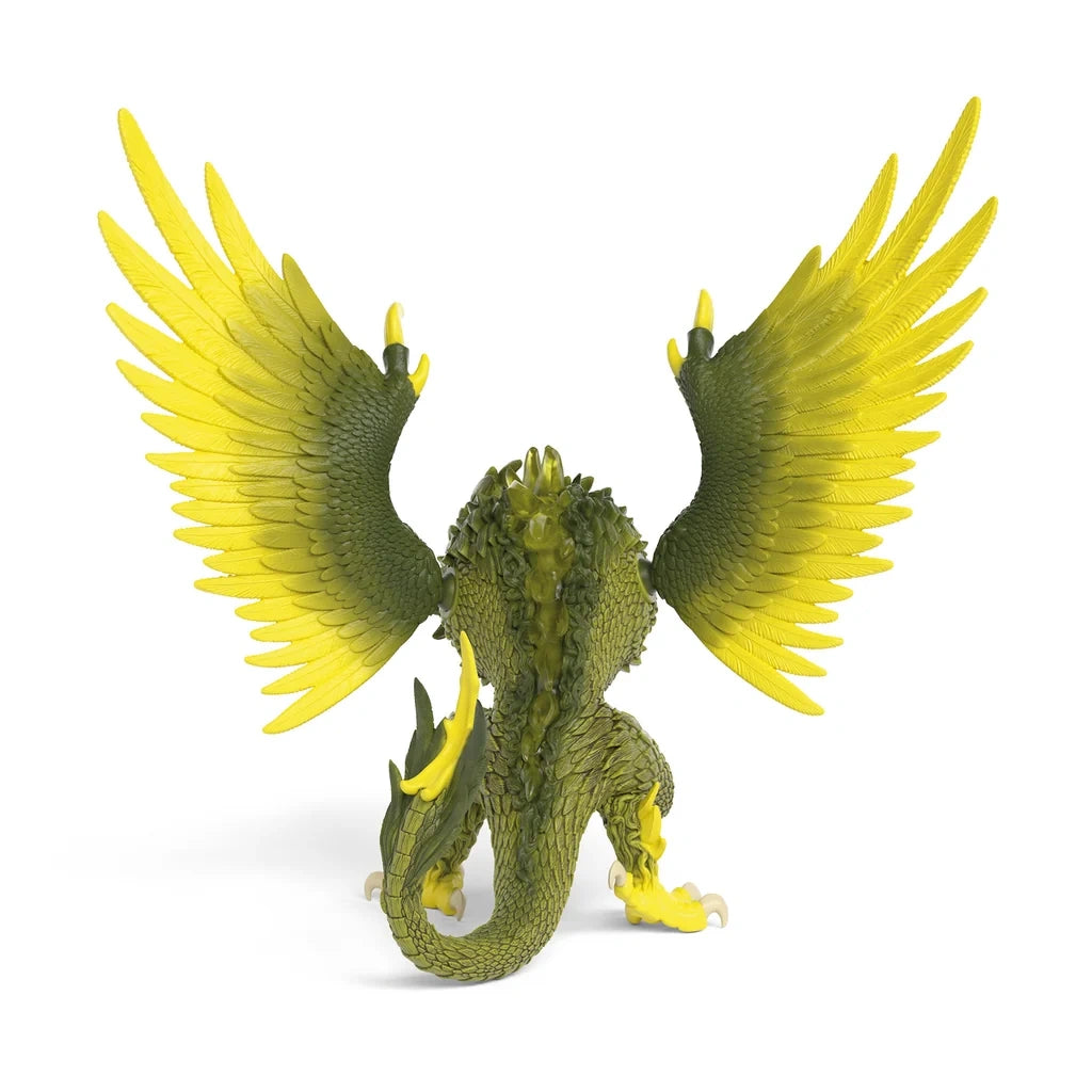 Rear view of the Schleich Jungle Raptor figure with spread yellow wings and a curved green tail