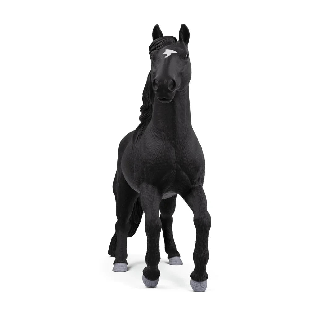 Schleich Lusitano Stallion figure shown from the front with black coat and white star marking