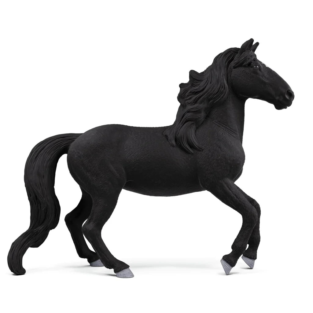 Schleich Lusitano Stallion figure shown from the left side with black coat, flowing mane and white hoof markings