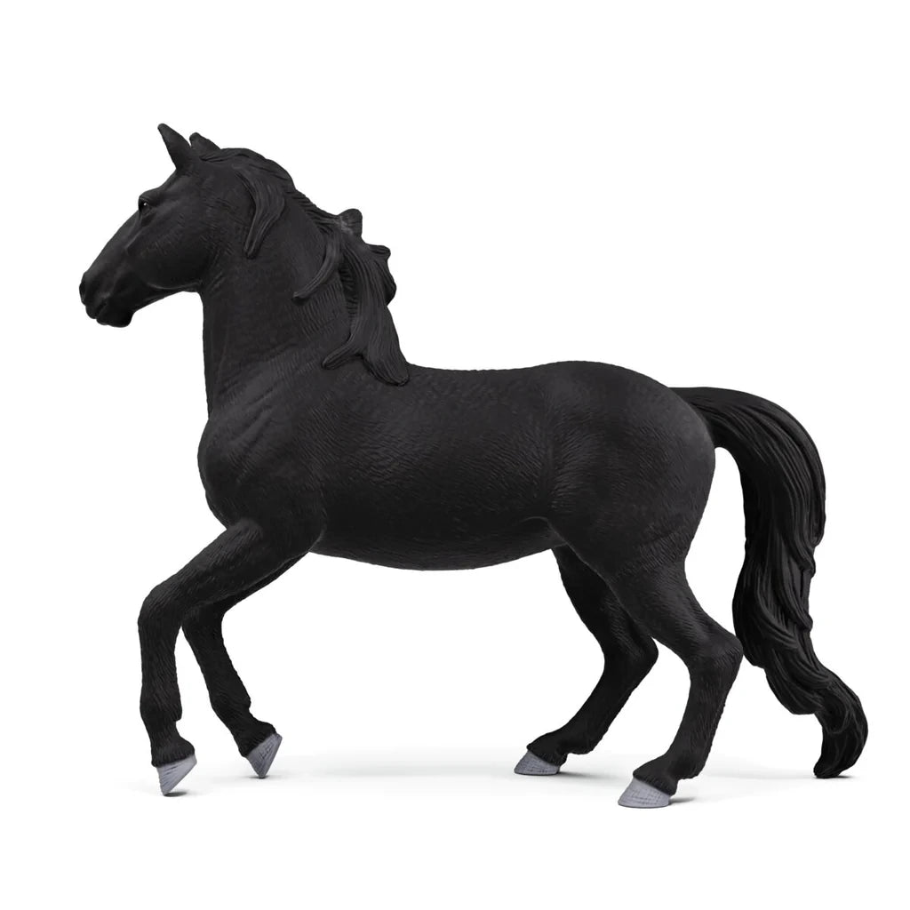Schleich Lusitano Stallion figure shown from the right side with black coat, flowing tail and white hoof markings