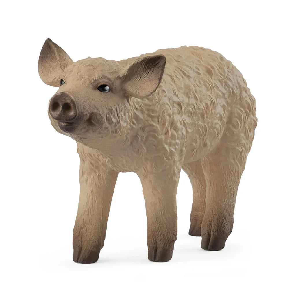 A close view of a Mangalica piglet figurine being held, showing its curly fur texture and compact body shape.