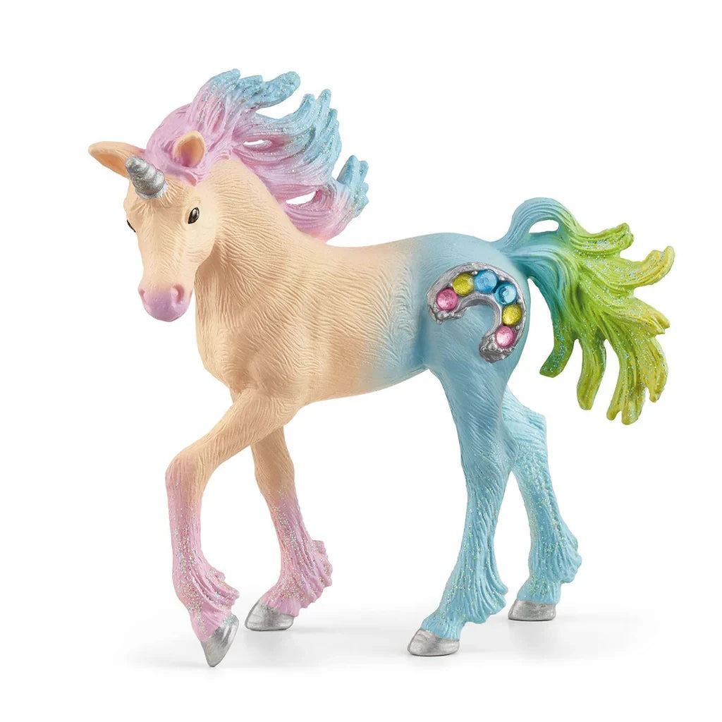 Schleich Marshmallow Unicorn Foal figure shown from the side with pastel pink, blue and green colouring