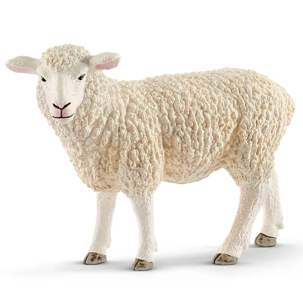 Schleich Sheep figure with thick curled white fleece, black eyes and a pale pink nose