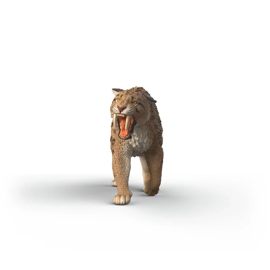 Front view of the Schleich Smilodon figure with its mouth open