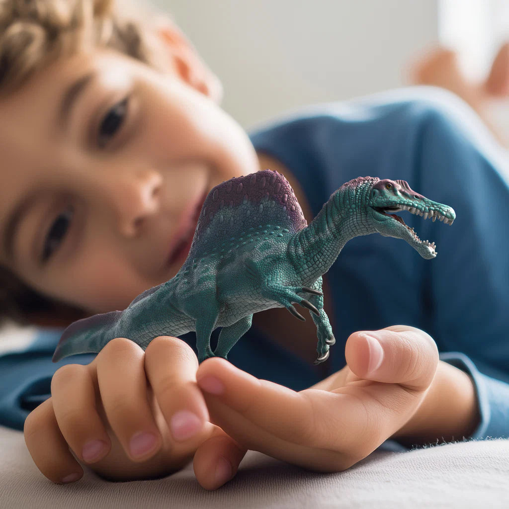 Schleich Spinosaurus figure being held in front of a child with open mouth and raised back sail