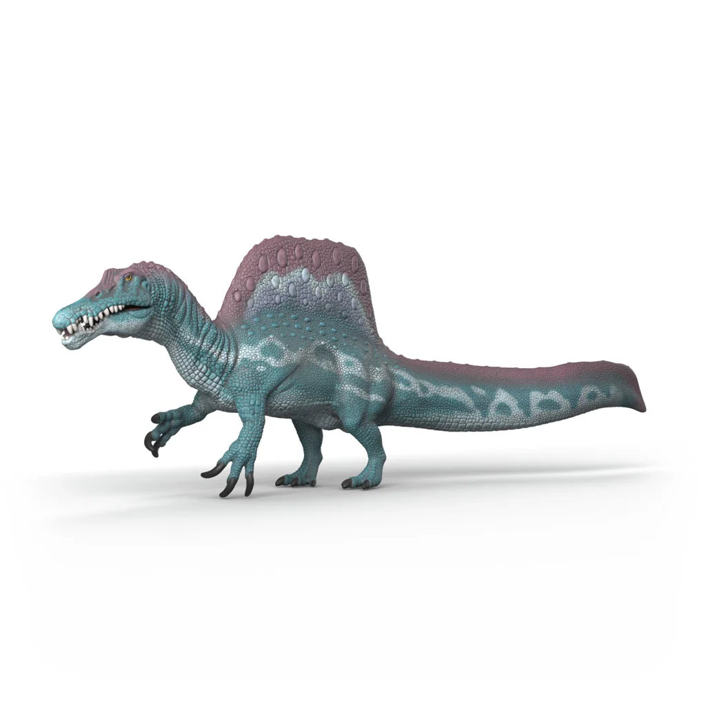 Schleich Spinosaurus figure shown from the left side with blue body, purple back sail and visible teeth