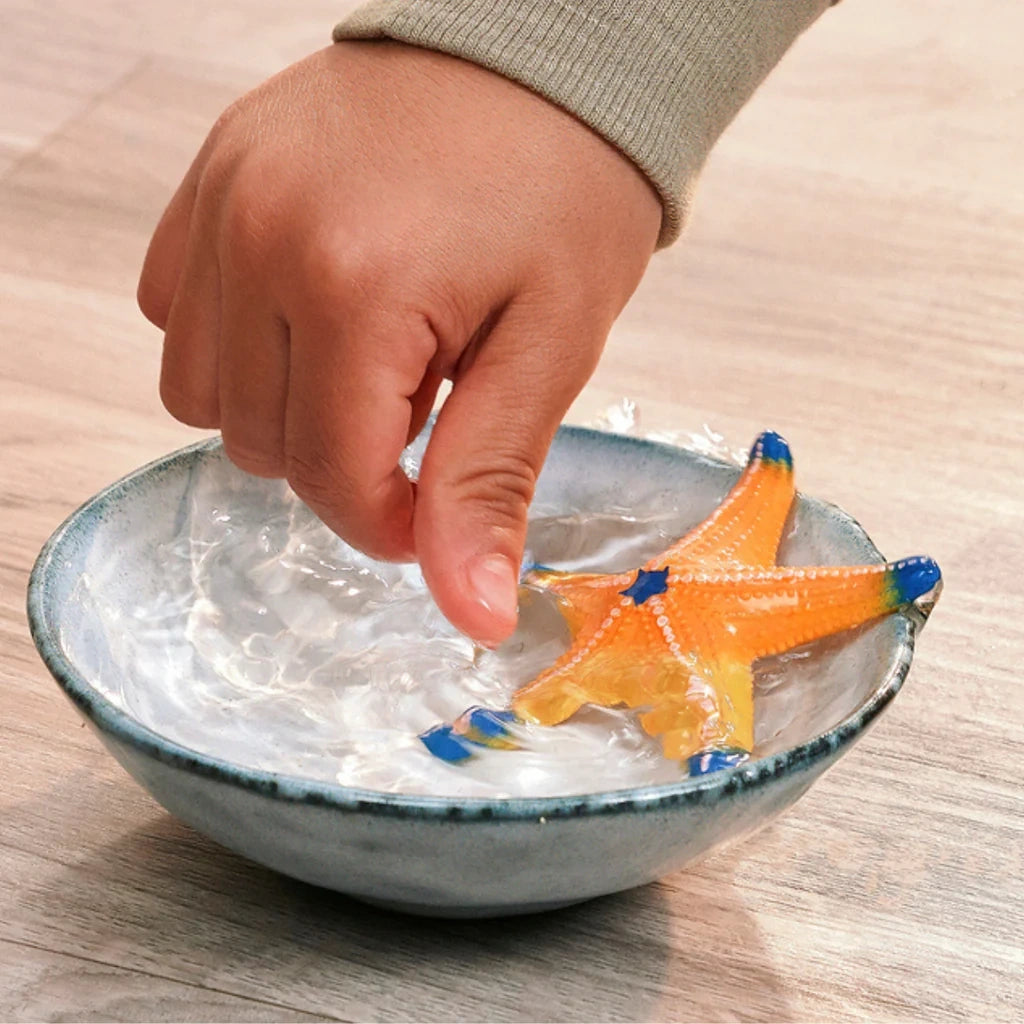 Schleich WILD LIFE Starfish 14902 being dipped in water to demonstrate colour change