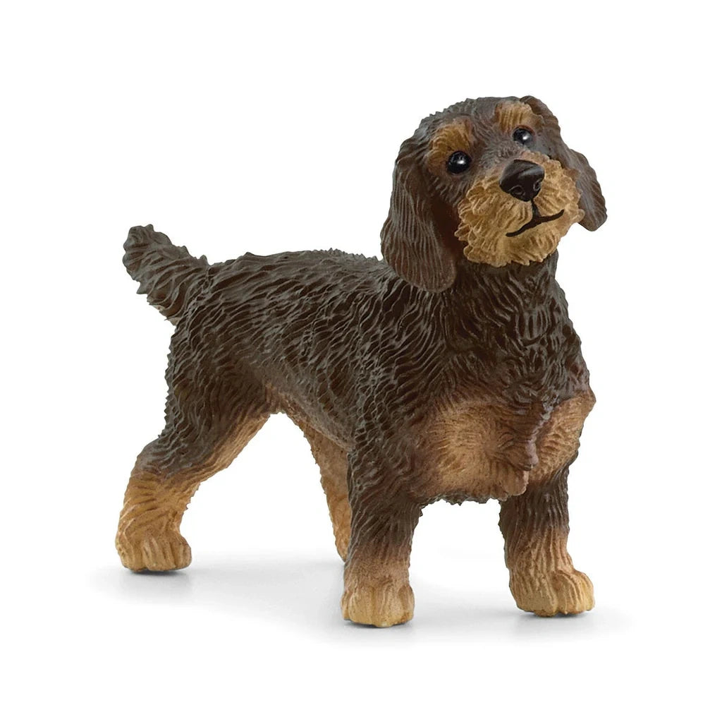 Schleich Wire-Haired Dachshund figure with a textured brown coat, tan lower legs and a short curled tail