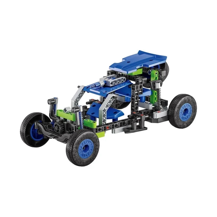 Blue, green, grey and black four wheel model with layered roof panels and exposed construction pieces.