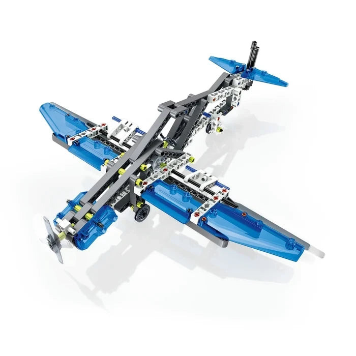 Blue, grey and white construction aeroplane model with a front propeller and landing wheels.