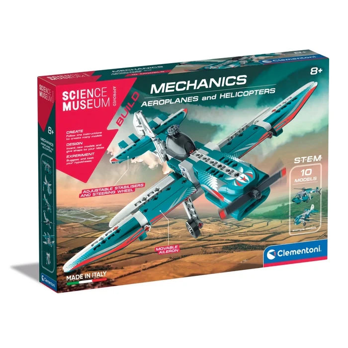 Science Museum Mechanics Aeroplanes & Helicopters box showing a turquoise and grey aircraft model.