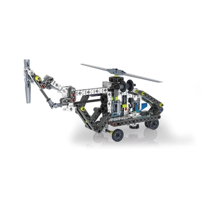 Grey, black and white construction helicopter model with main and tail rotors.