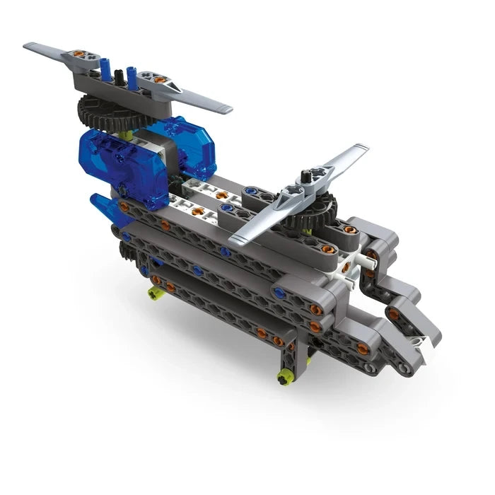 Grey and blue construction model with two rotor blades, exposed gears and layered frame pieces.