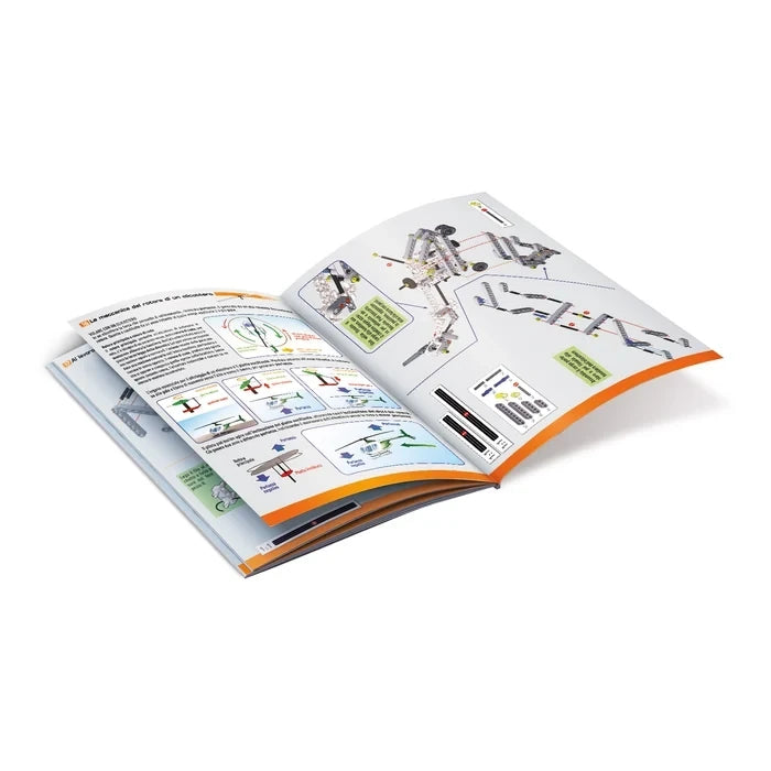 Open instruction manual showing illustrated assembly diagrams and mechanical explanations.