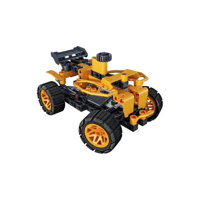 Yellow and black quad model with four wheels and exposed construction pieces.