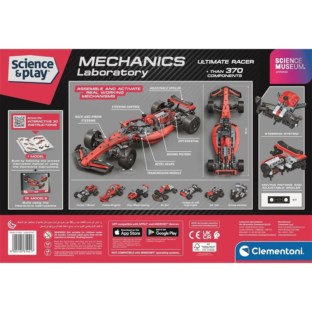 Back of the Science Museum Mechanics Ultimate Racer box showing the racing car, construction stages and product information.