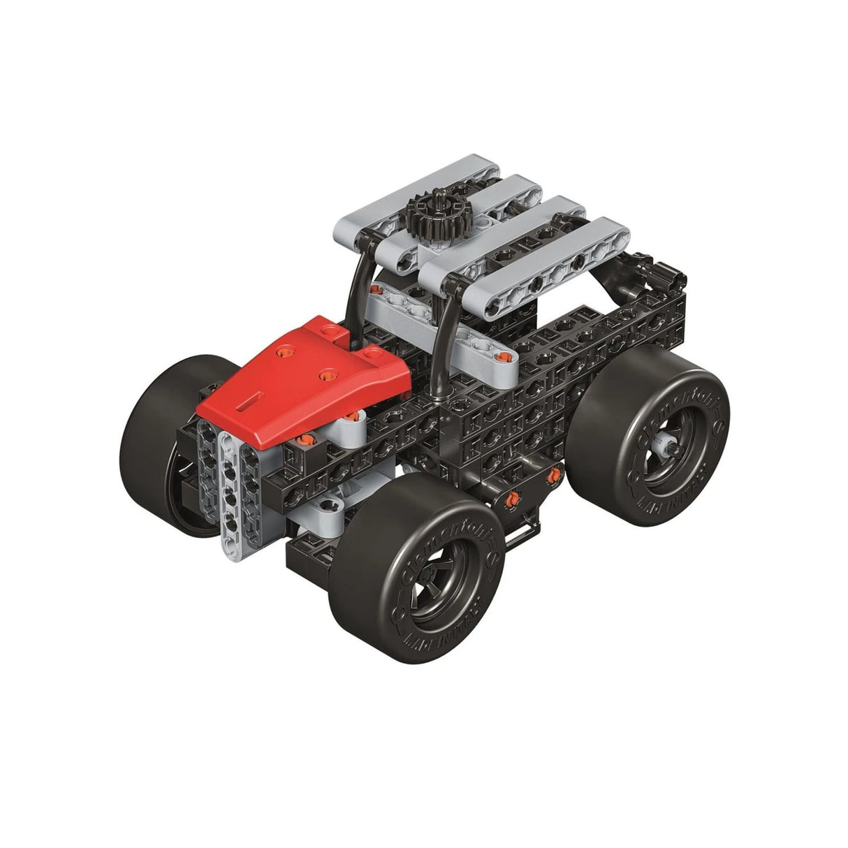 Science Museum Mechanics Ultimate Racer construction stage with four wheels, a red front panel and grey upper frame.
