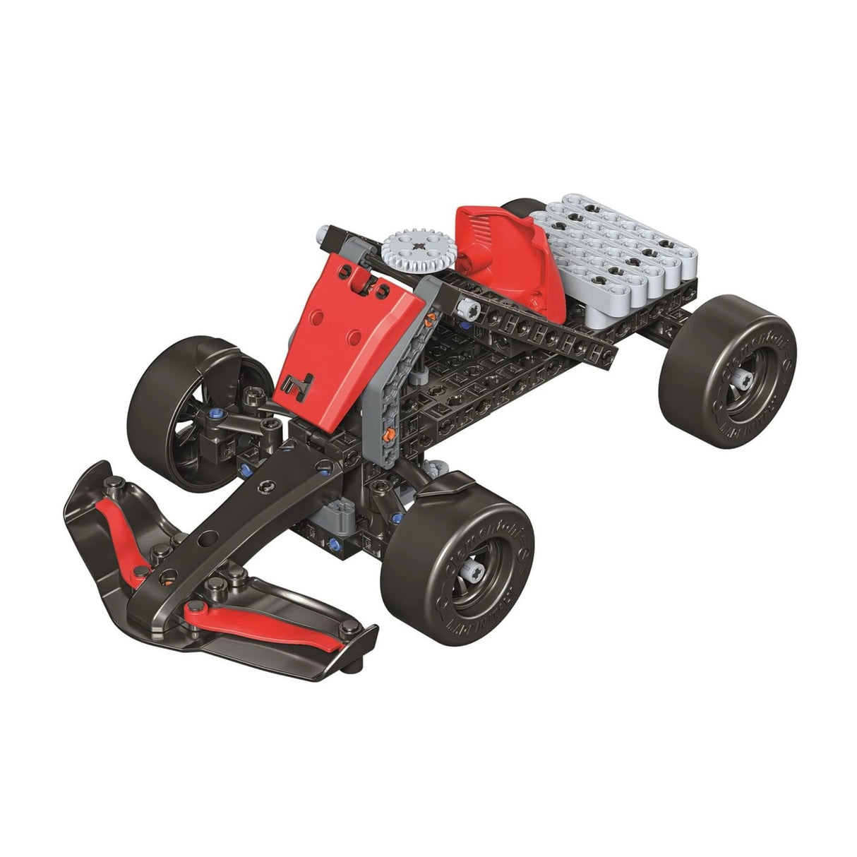 Science Museum Mechanics Ultimate Racer construction stage with a black front wing, red centre panel and exposed chassis.