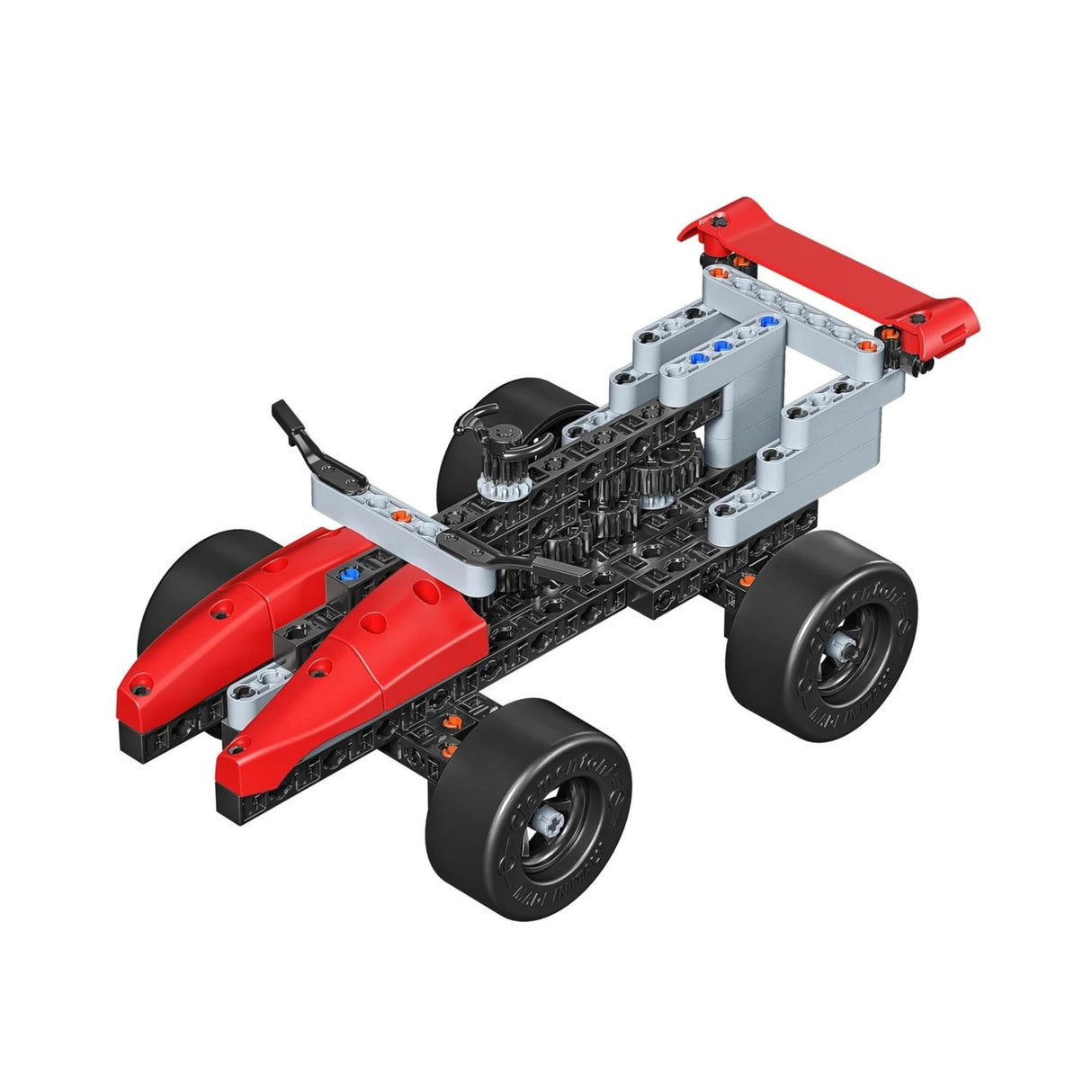 Science Museum Mechanics Ultimate Racer construction stage with four wheels, a red rear wing and exposed gears.