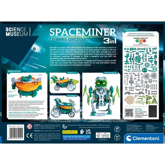 Back of the Science Museum Space Miner Robot box showing three assembled models and the parts list.