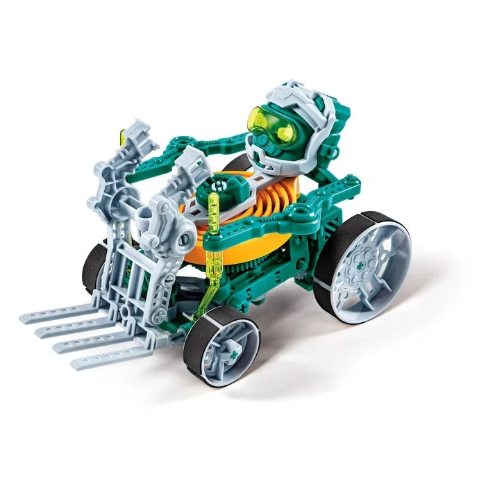 Teal, grey and orange wheeled model with a front lifting frame and grey forks.