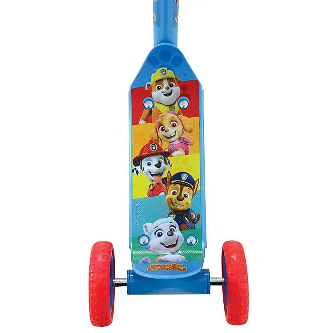 Footplate of a Paw Patrol triscooter decorated with Chase, Marshall, Skye, Rubble, and Everest beside the two red rear wheels.