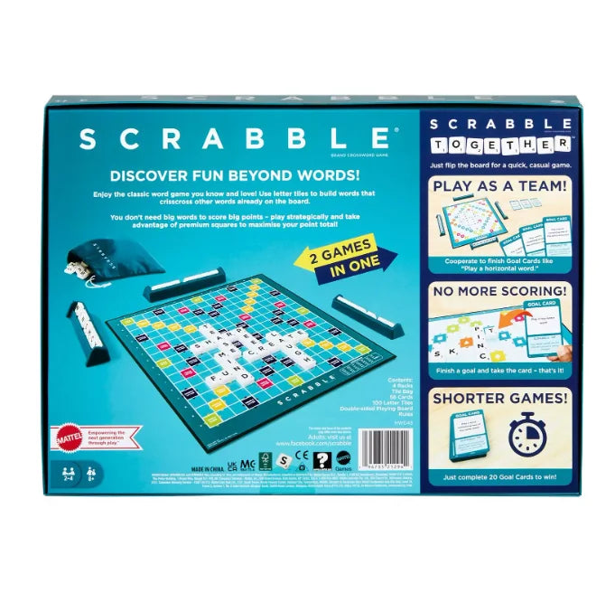 Scrabble 2 Games In 1 back of box with details about cooperative play, contents and team challenges